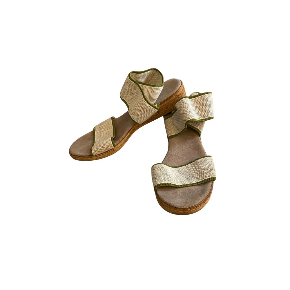 Elastic Strap Cork Like Wedge Sandals Cream Green Sz 9 by Charleston Shoe Co.